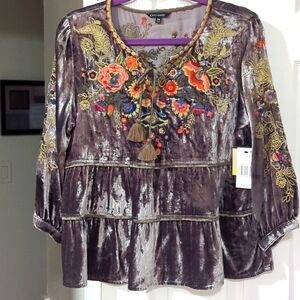 John Mark Purple Grey  Velvet Blouse with Gold Embroidery